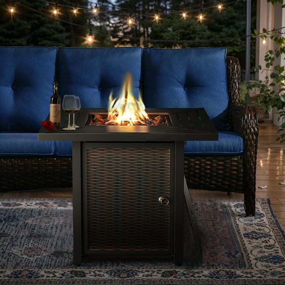 Gymojoy 30 in. Square Brown Metal Propane Gas Outdoor Fire Pit Table with Lava Rocks and Lid, 50000 BTU