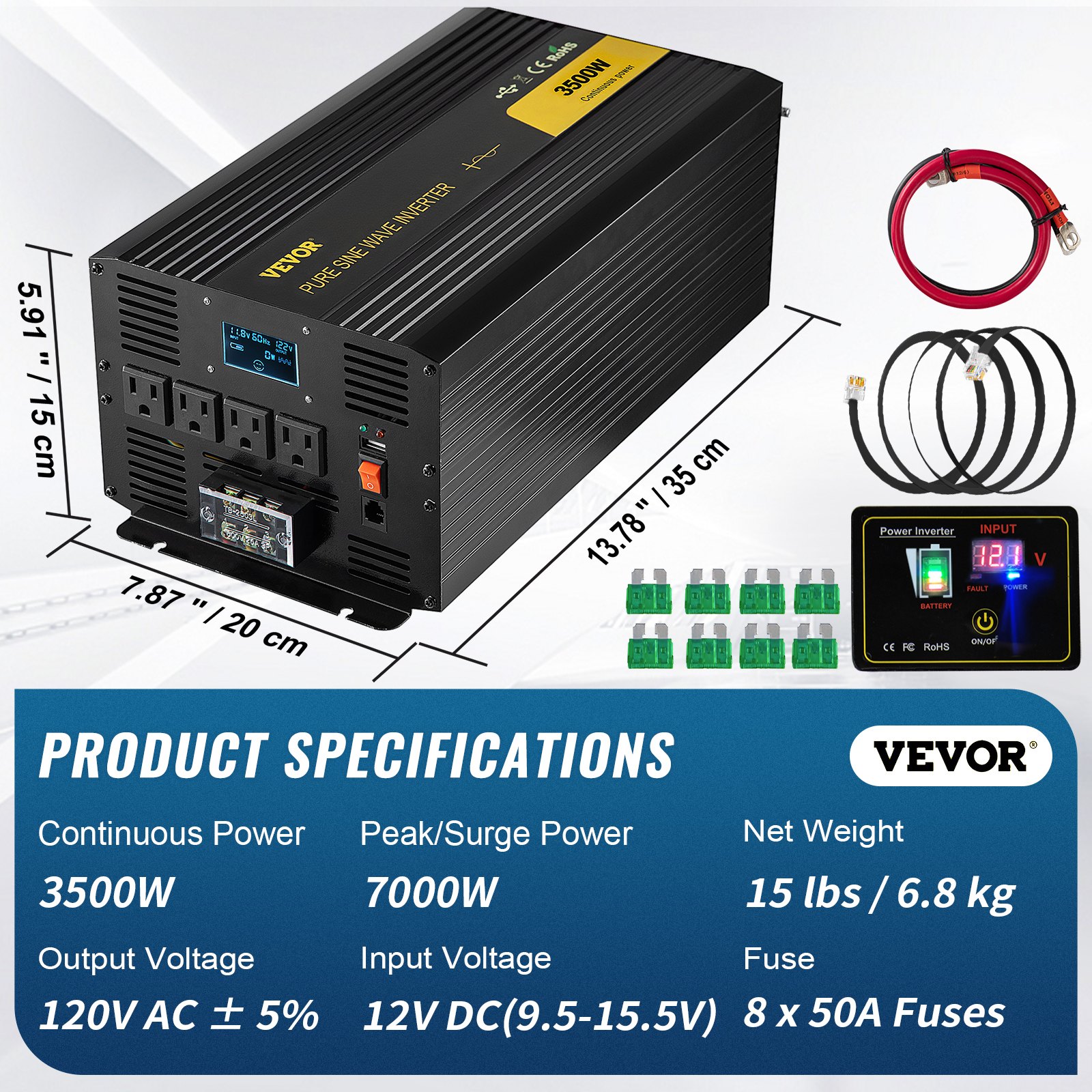 VEVOR 3500W Pure Sine Wave Inverter, 12V DC to 120V AC Power Converter, USB, LCD, Remote Control, GFCI Outlets for RV, Truck, Solar, and Camping