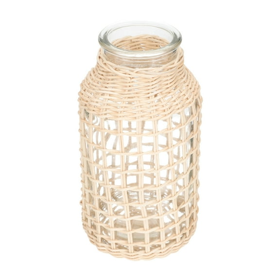 LEORX Nordic Minimalist Vase Light Yellow Rattan Woven Glass 1Set for Home Display