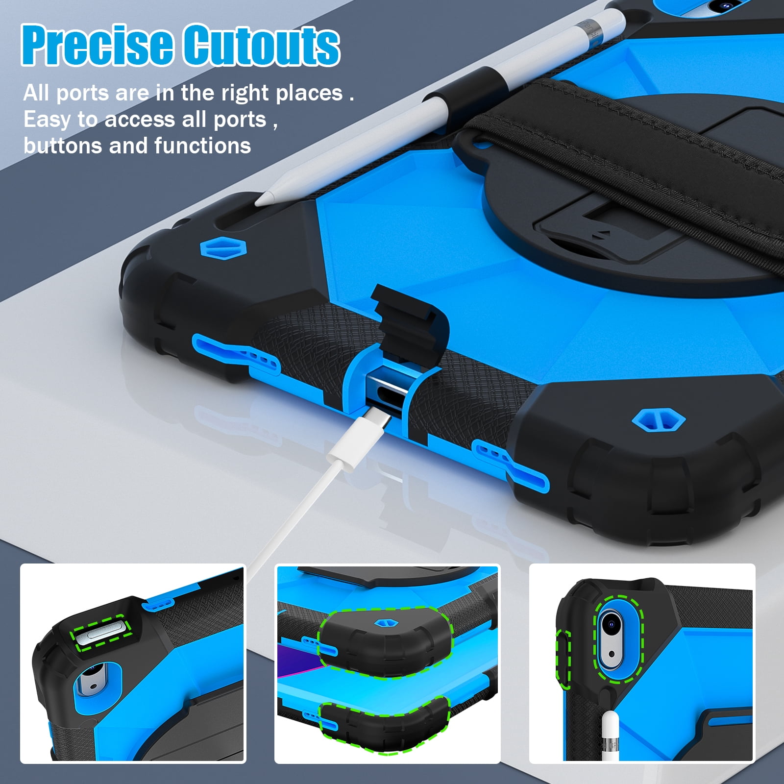 ELEHOLD Rugged Hybrid Case for iPad 11th Gen (A16) 2025 11-inch,with Built-in Kickstand 360° Rotating Handstrap Pencil Holder Crossbody Shoulder Strap Shockproof Heavy Duty Case,Black/Blue