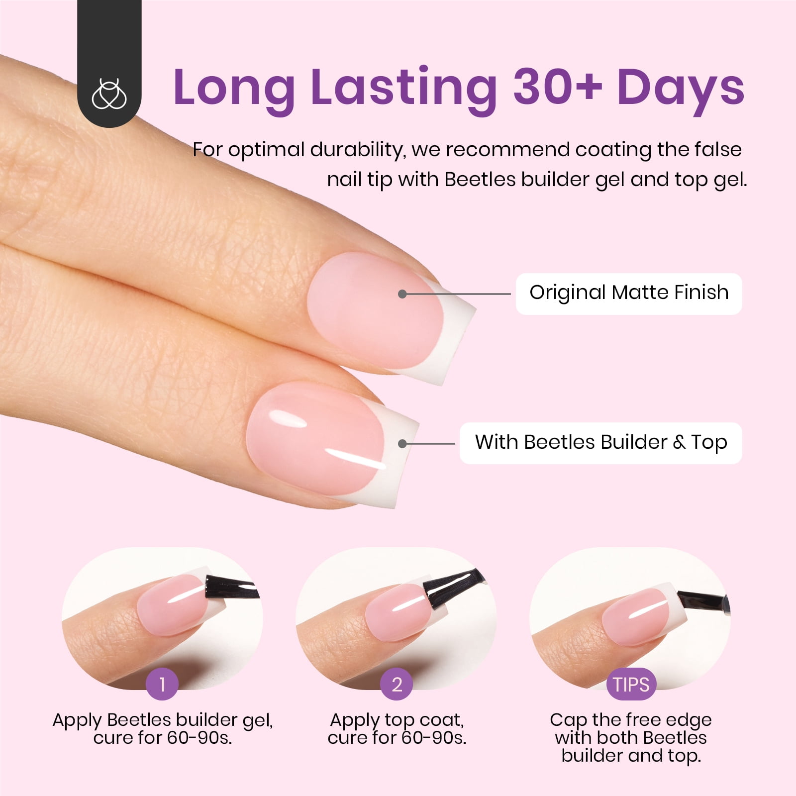 Beetles Press On Nails: 150 Pcs Pink Short Square French Tips, 4 in 1 Nail Tips Gel Nail, Pre-Applied Primer & Base Coat, No File Need DIY Manicure for Nail Extension.