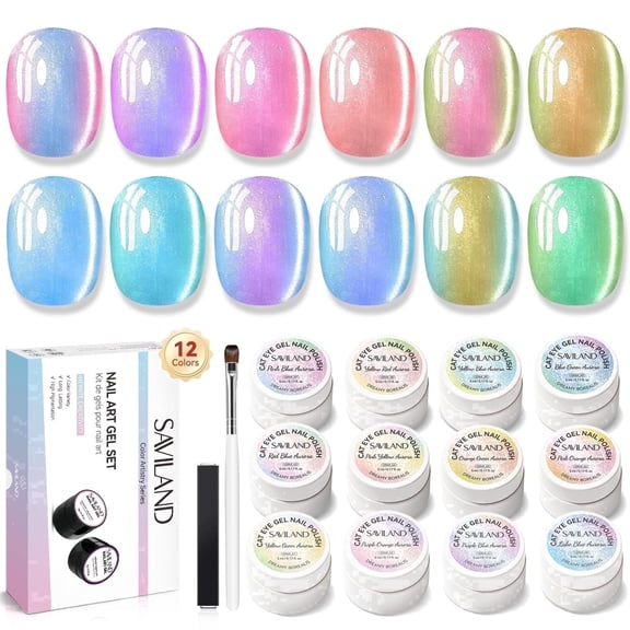 SAVILAND 12 Colors Cat Eye Gel Nail Polish Set: Iridescent Blue Green Yellow Red Aurora Cateye Gel Polish Smooth Shimmer Glitter Magnetic Gel Nail Polish with Magnet Stick