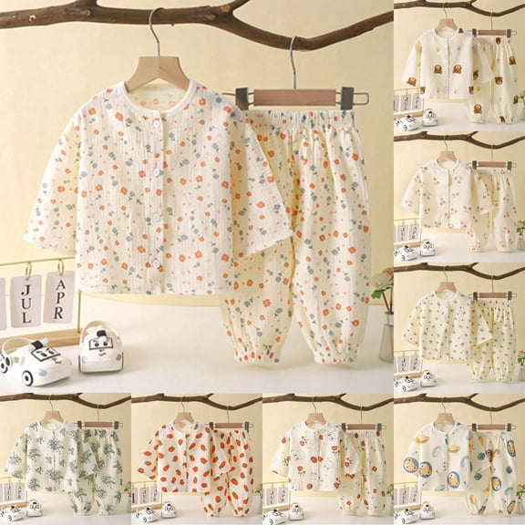 Boys Outfits Kids Thin Double Layer Gauze Long Sleeve and Knickerbockers Home Set Boys' Clothing Sets Beige 12-18 Months