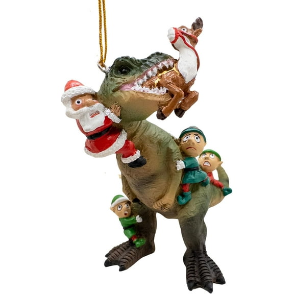 Santa and Elves Saving Reindeer from T-Rex Dinosaur Christmas Tree Funny Ornament