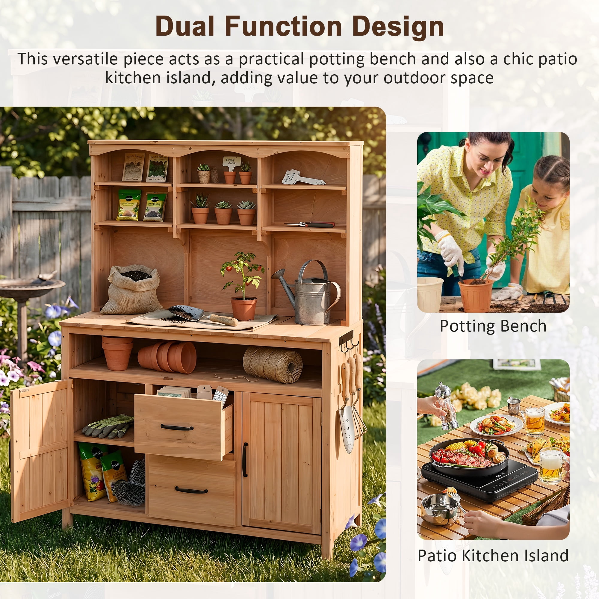 Mintazer Outdoor Potting Bench with Cabinets, 65"H Multi-Functional Patio Kitchen Island with 2 Drawers & Hooks, Large Countertop for Gardening Grill, Natural