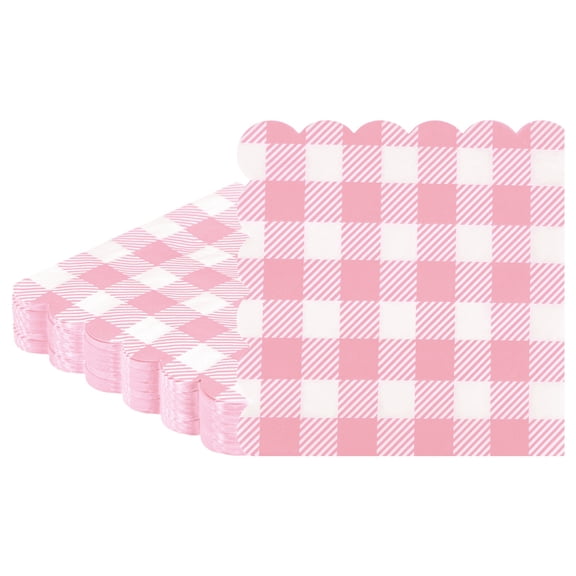 Uxcell 50Pack Gingham Checkered Scalloped Paper Napkins for Parties and Events[Pink]