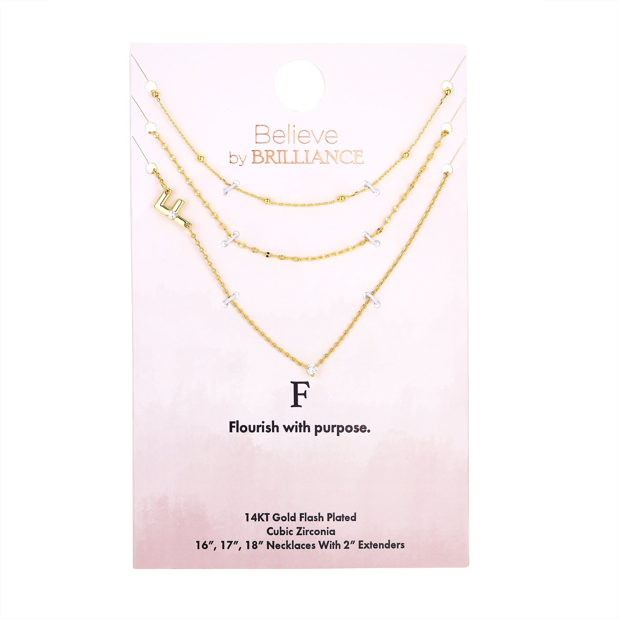 Believe by Brilliance F Triple Chain Initial Necklace Set in 14KT Gold Flash Plated Brass