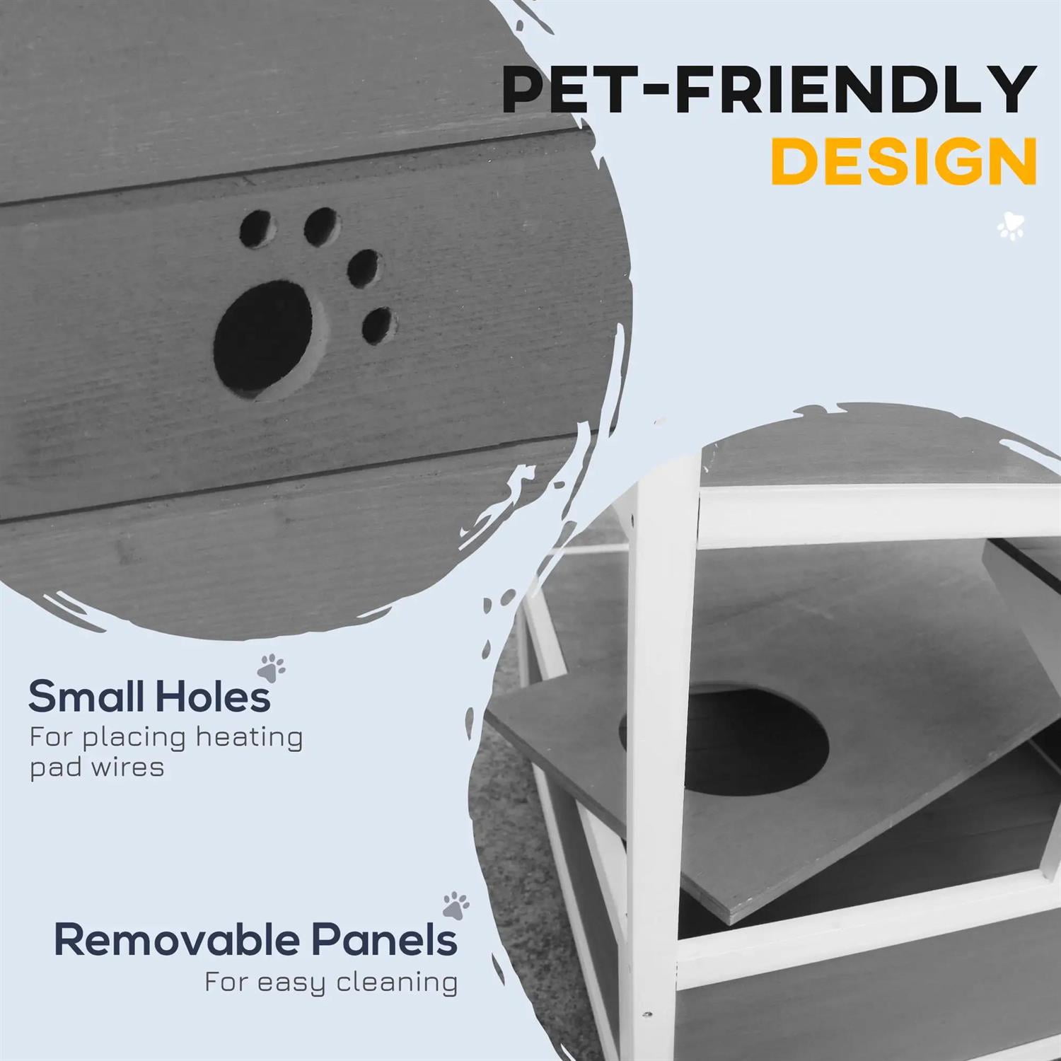 Pefilos Outdoor Weatherproof Cat House with Asphalt Roof, Escape Door, Jumping Platform, Wooden Feral Shelter for Cats and Small Animals, Gray
