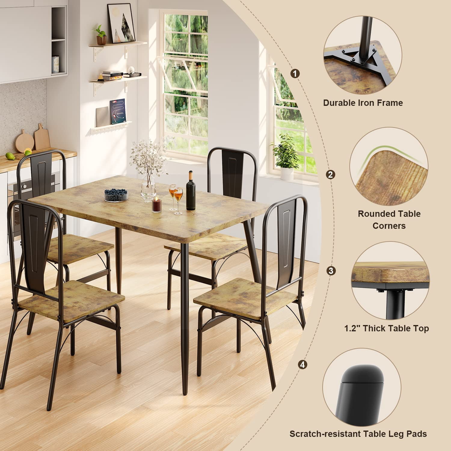 Lofka Dining Table Set for 4, 5 Piece Kitchen Table and Chairs Set for Small Spaces,Soft Seat,Modern Dining Furniture Set,Retro Brown