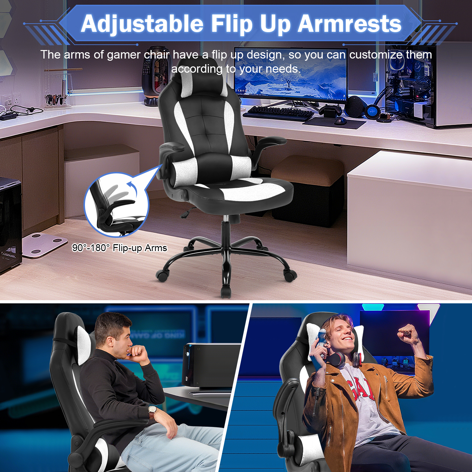 Video Game Chair High Back Gaming Chair PU Leather Racing Chair with Headrest Lumbar Support & Flip-up Arms , Adjustable Gamer Chair for Adults & Kids,White