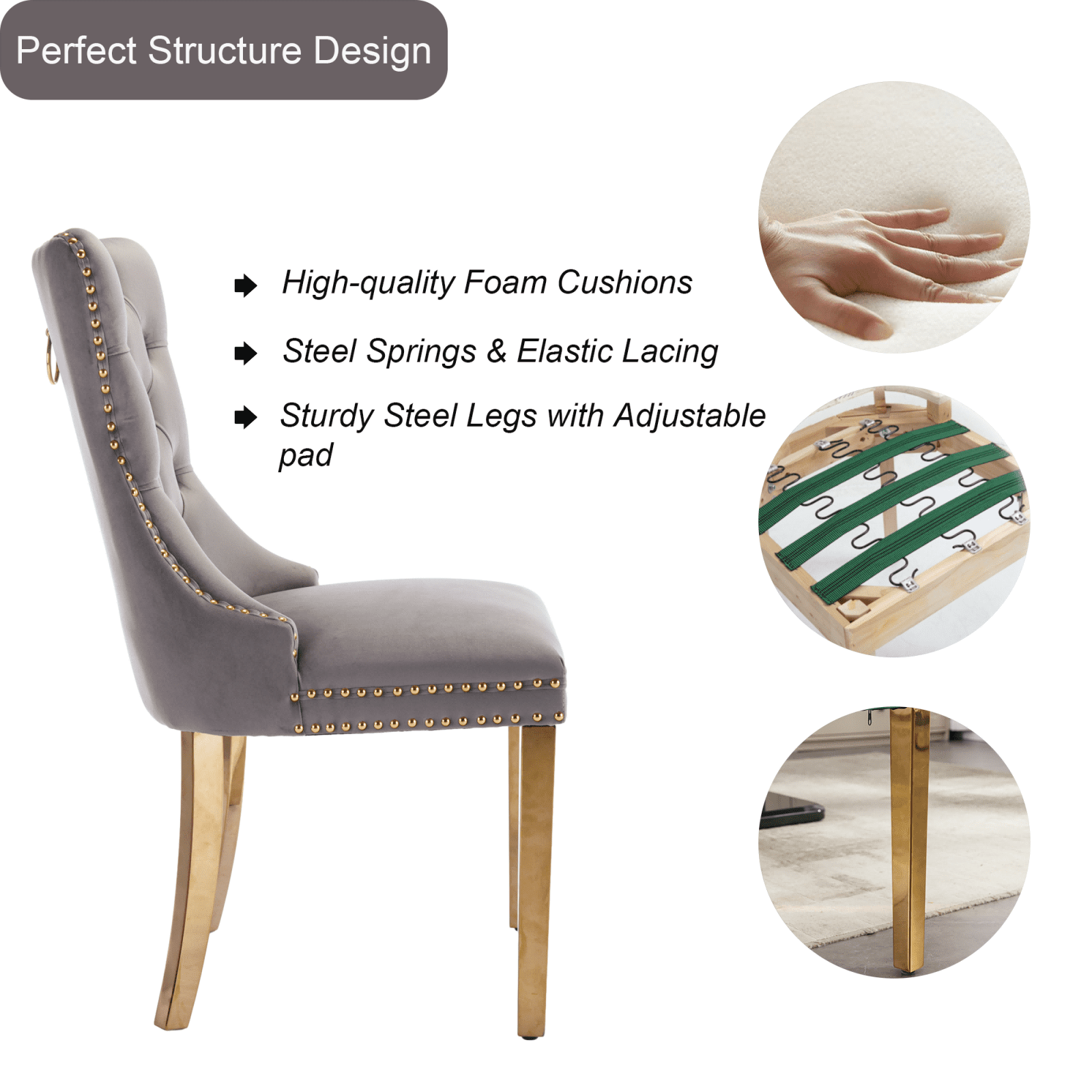 Dining Room Chairs with Velvet Fabric Dining Chairs with Golden Stainless Steel Plating Legs, Backrest and Button Velvet Fabric Design,Luxury Home Furniture for Dining Room(Gray Set of 6)