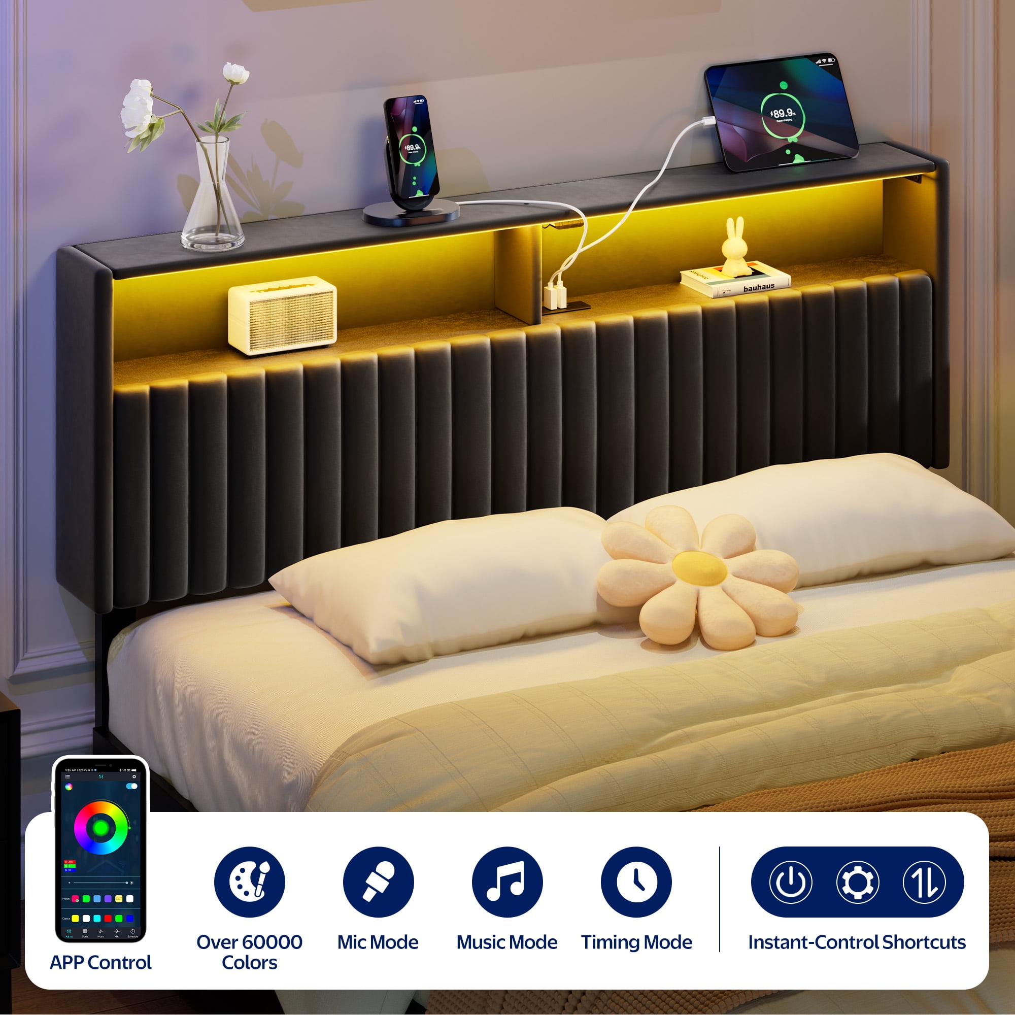Greenstell Full Size Adjustable Storage Headboard Only - Modern Upholstered Head Board with LED Lights, Charging Station & Soft Padding, Black