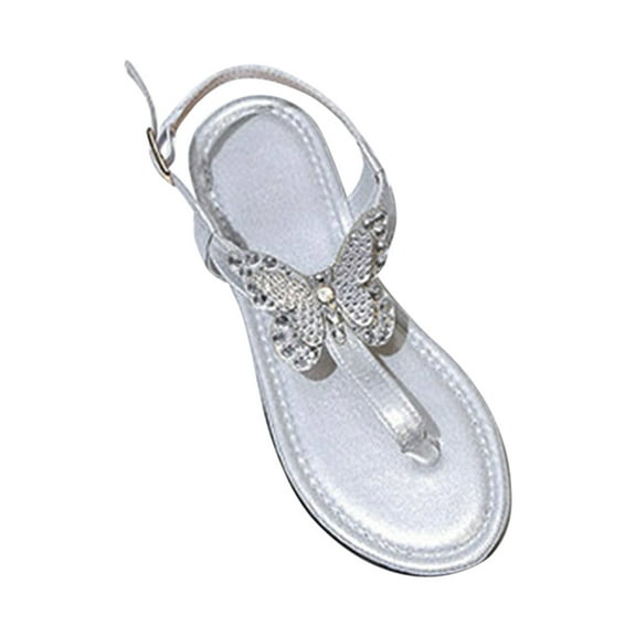ShiShine Women's Thong Sandals with Rhinestone Butterfly Accents Adjustable Ankle Strap Casual Summer Shoes for Beach Vacation