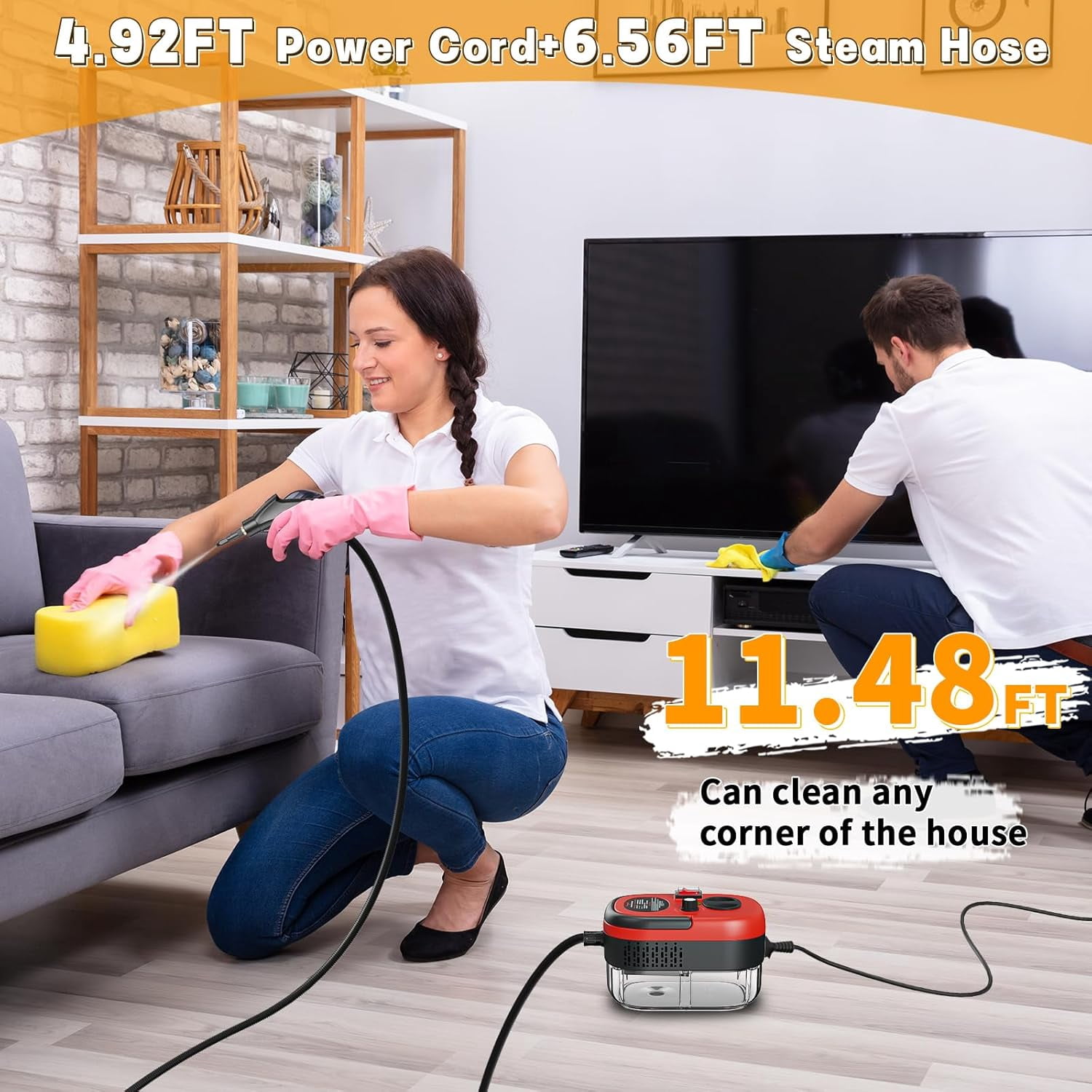 2500W Portable High Temperature Steam Cleaner, Handheld Steamer with Brush Heads for Car Detailing, Couch, Windows, Kitchen, Bathroom, Grout & Tile Cleaning(Red)