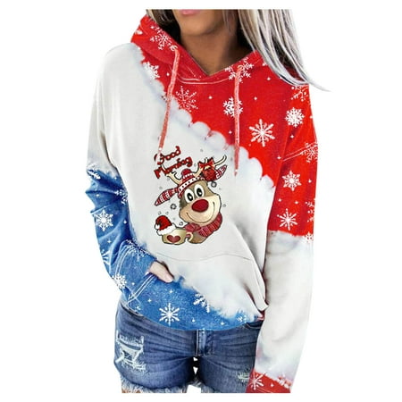 

jsaierl Christmas Sweatshirts for Women Long Sleeve Deer Pattern Hooded Top Casual Crewneck Sweatshirt Plus Size Pullover Christmas Gifts for Teen Girls