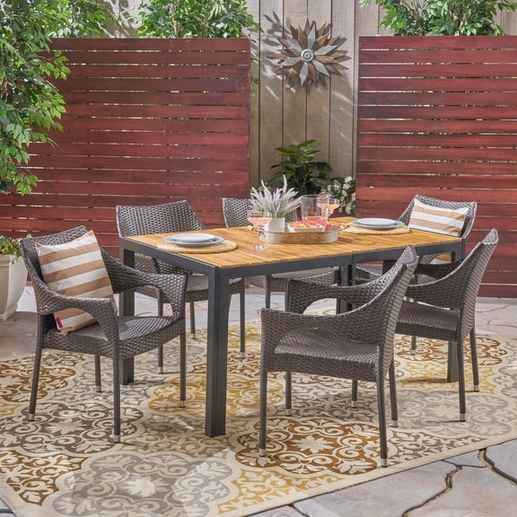 Addisyn Outdoor 7 Piece Rectangular Acacia Wood and Wicker Dining Set, Multi Brown, Teak, Black