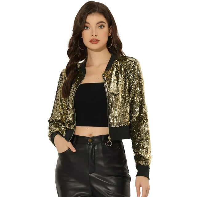 Chaqueta De Lentejuelas Tipo Aviador Con Cremallera En La Parte Delantera Con Purpurina Brillante Para Mujer Negro oro XL
