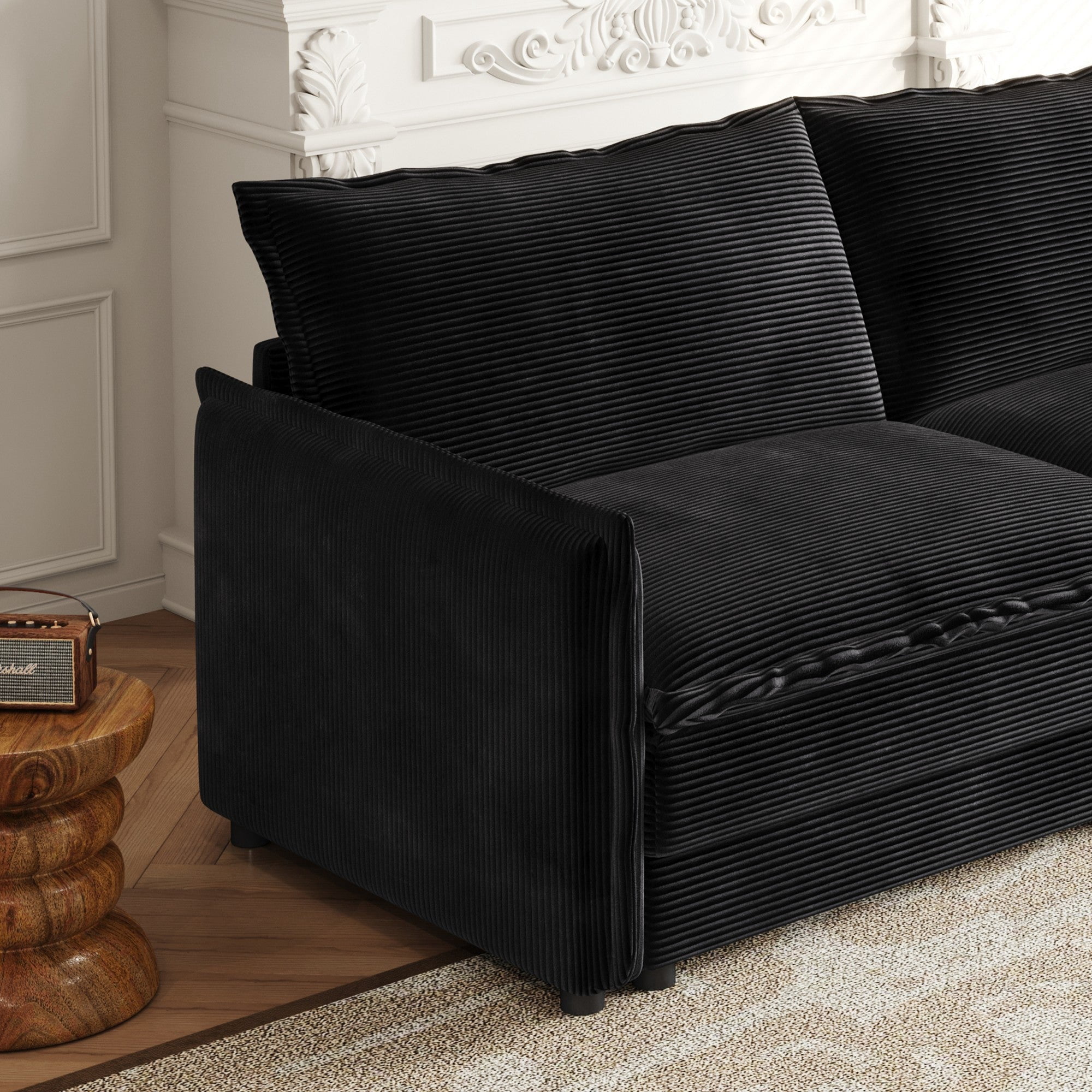 Sailvan 3-Seater Corduroy Sofa with 3 Ottomans, Oversized Deep Seat Cloud Couch for Living Room Black