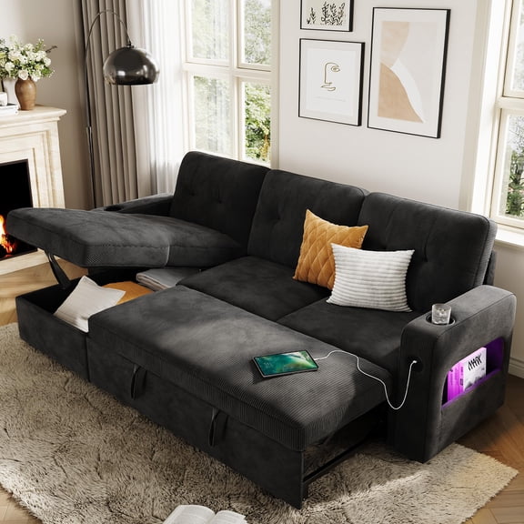 Eastvita 84 Inch Sleeper Sofa Bed L-Shaped Sofa Convertible Pull Out Couch Bed with Storage Charging corduroy Black