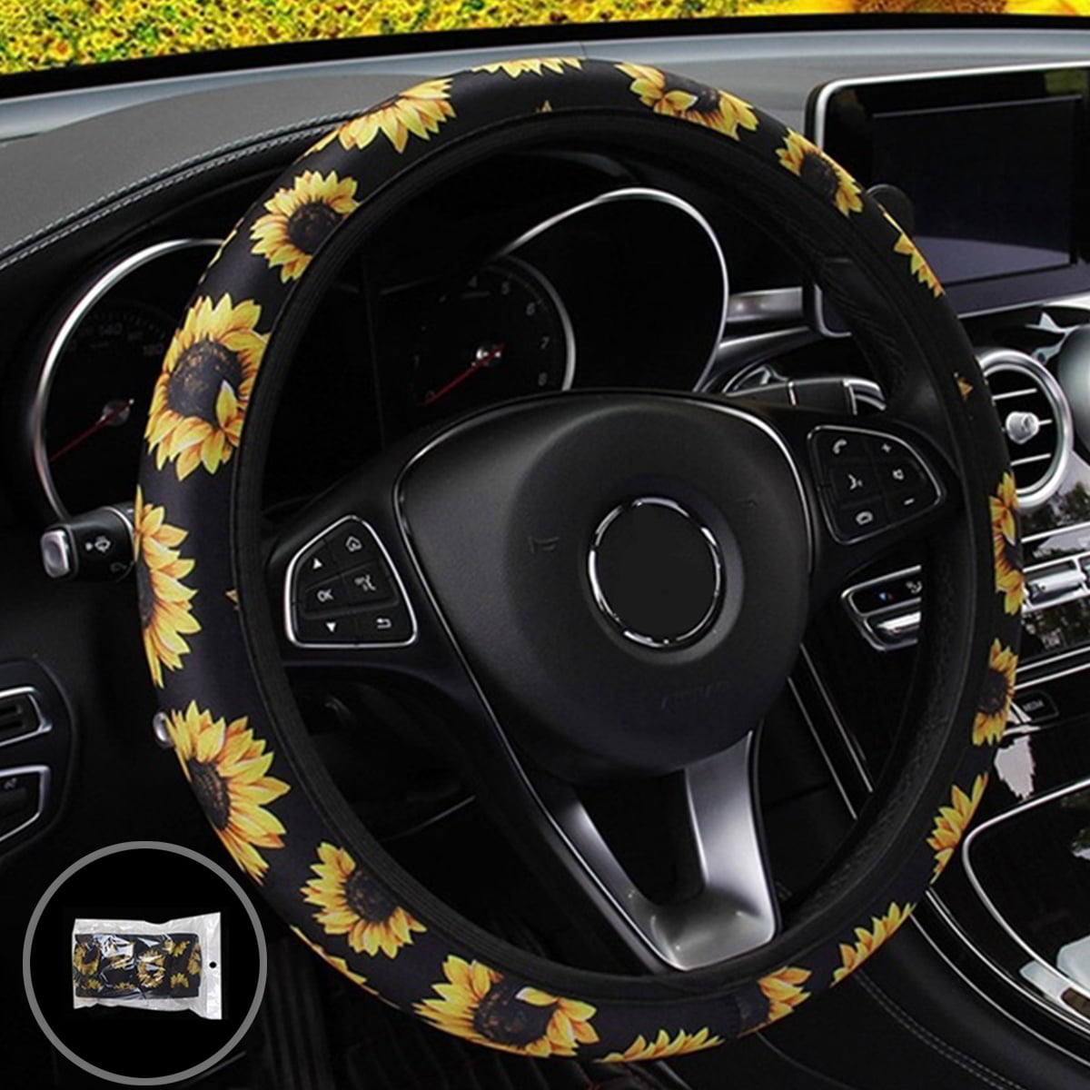Car Elastic Universal Steering Wheel Cover Flowers Print for Auto Decoration 