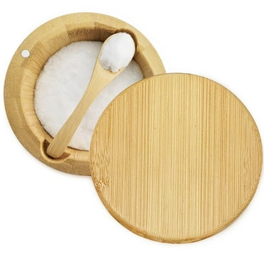 Sherry Salt Box with Lid and Spoon Bamboo Salt Container Kitchen Spice Cellars with Swivel Lid Built in Spoon Salt Holder for Storage Sea Salt 12oz Capacity Large Salt Keeper
