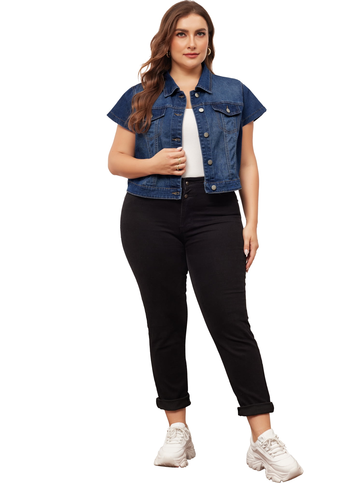 DARING DIVA Women's Plus Size Button Down Cap Sleeve Cropped Jacket 2X Dark Blue
