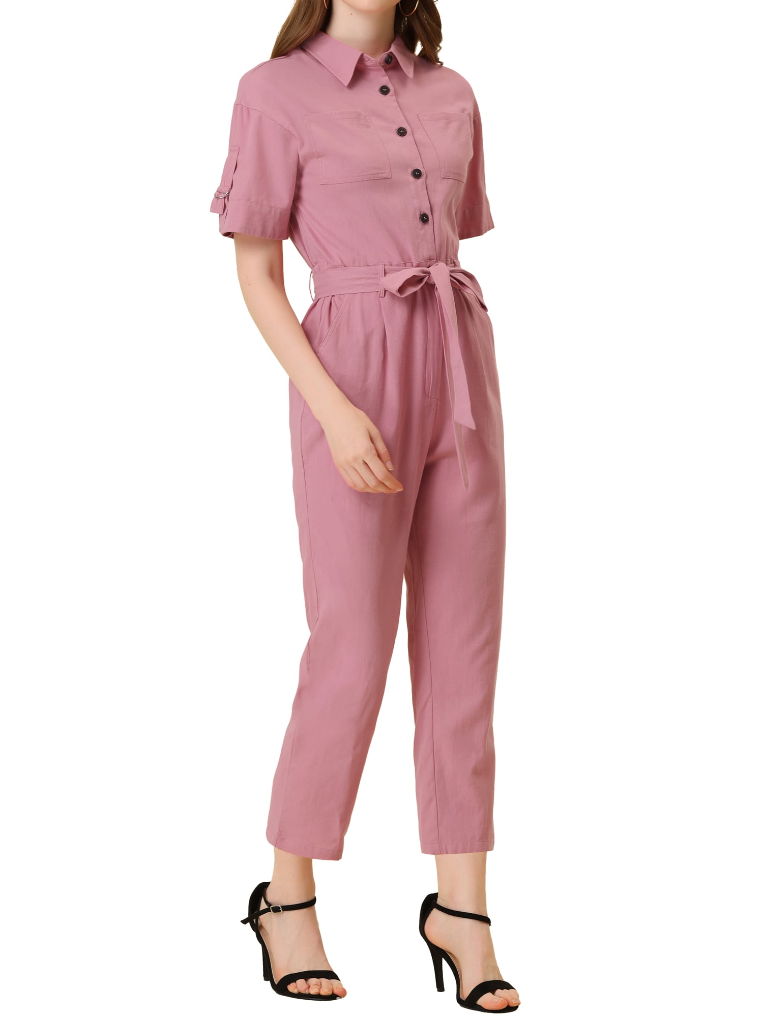 DARING DIVA Women's Button Up Tie Waist Jumpsuit with Pockets XL Pink