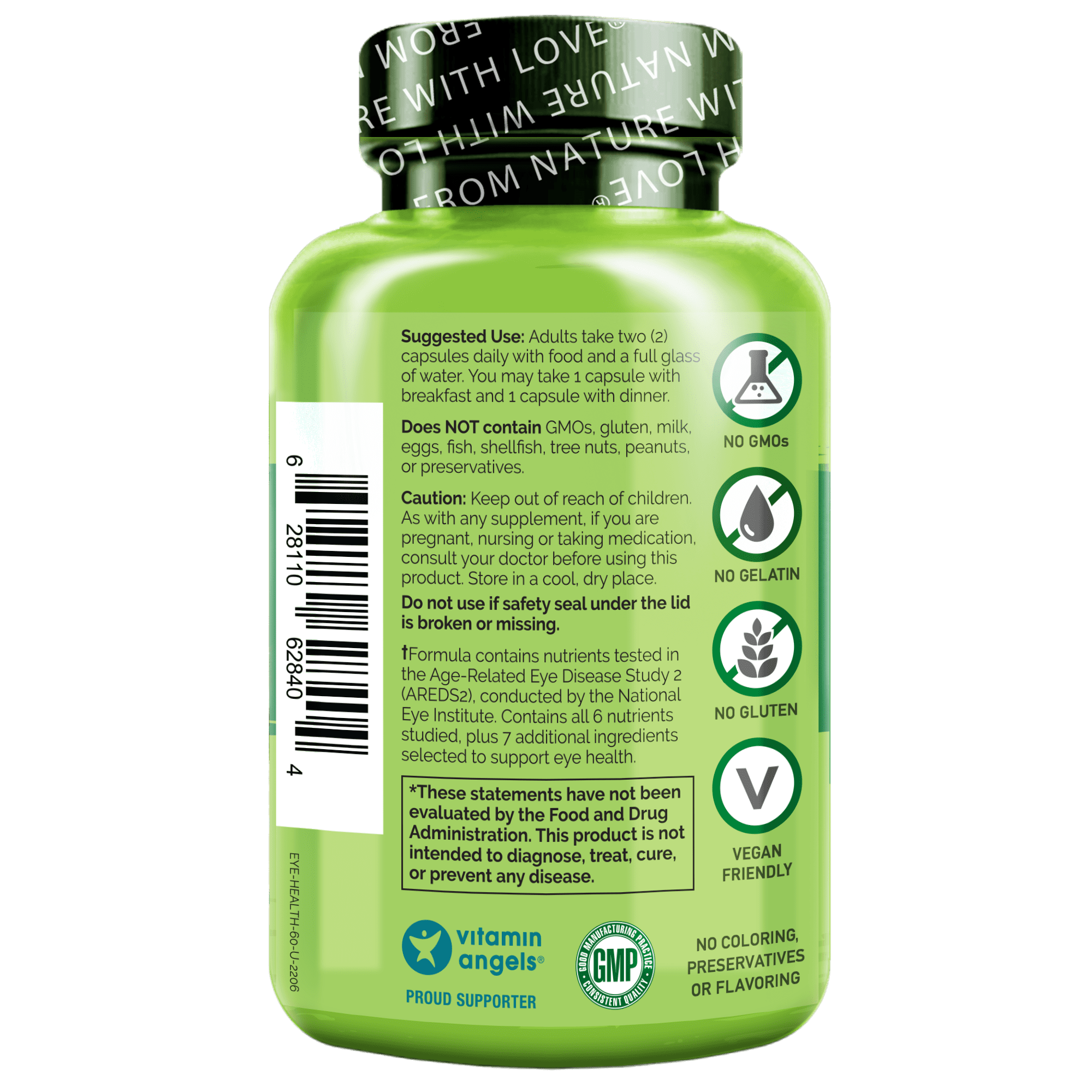 NATURELO Eye Vitamins - AREDS 2 Formula Nutrients with Lutein, Zeaxanthin, Vitamin C, E, Zinc, Plus DHA - Supplement for Dry Eyes, Healthy Vision, Eye Support - 60 Vegan Capsules