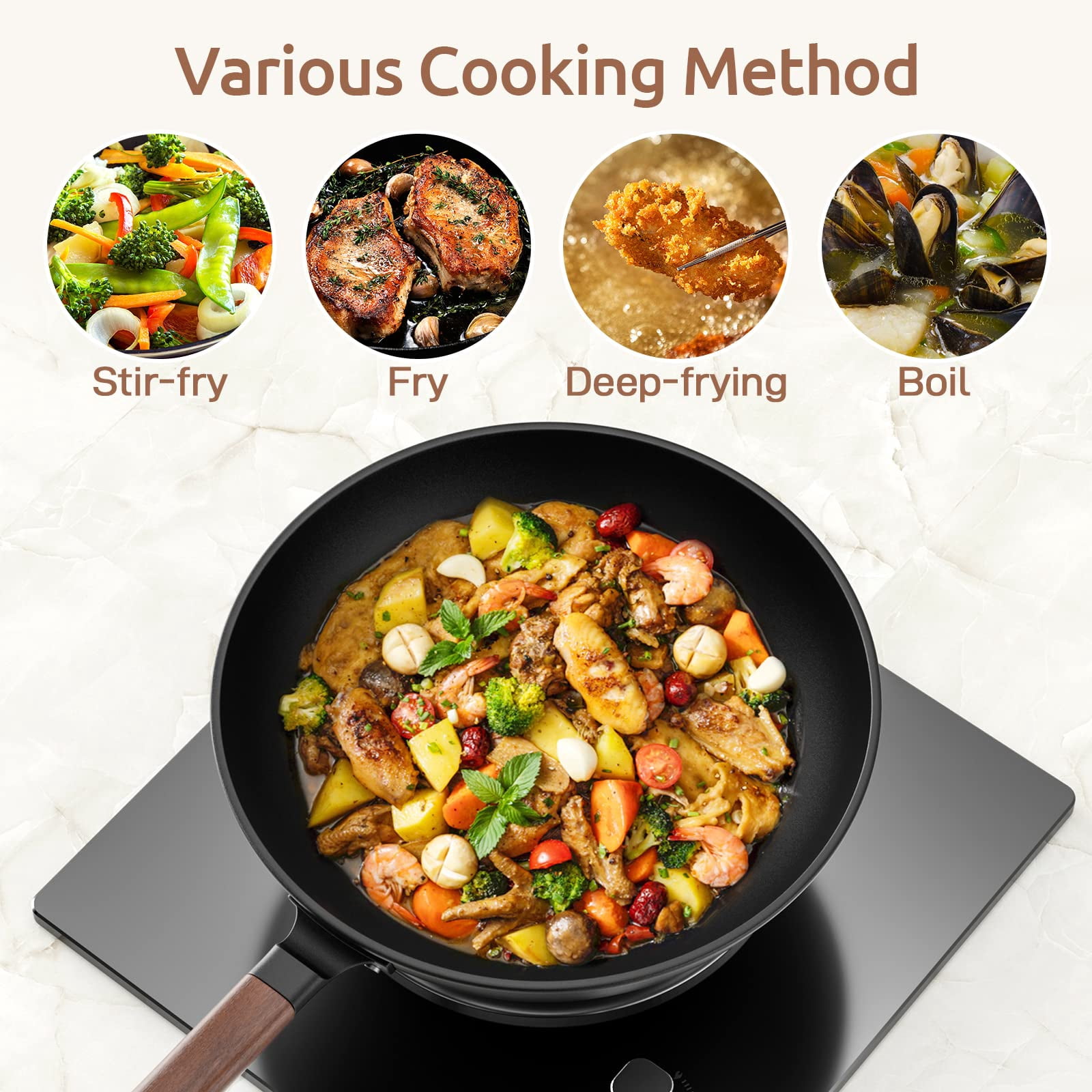13-inch Pre-seasoned Carbon Steel Wok with Lid and Spatula for stovetop cooking