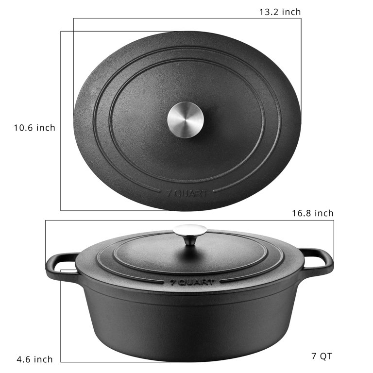 BBQ by MasterPRO - 7 Qt Pre Seasoned Cast Iron Oval Dutch Oven with Self  Basting Lid and Stainless Steel Handle, 7 Quarts, Black