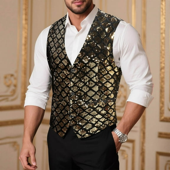 FAWUUDO Men's Single Breasted V-neck Suit Vest Slim Fit Floral Printed Party Dress Waistcoat Gold