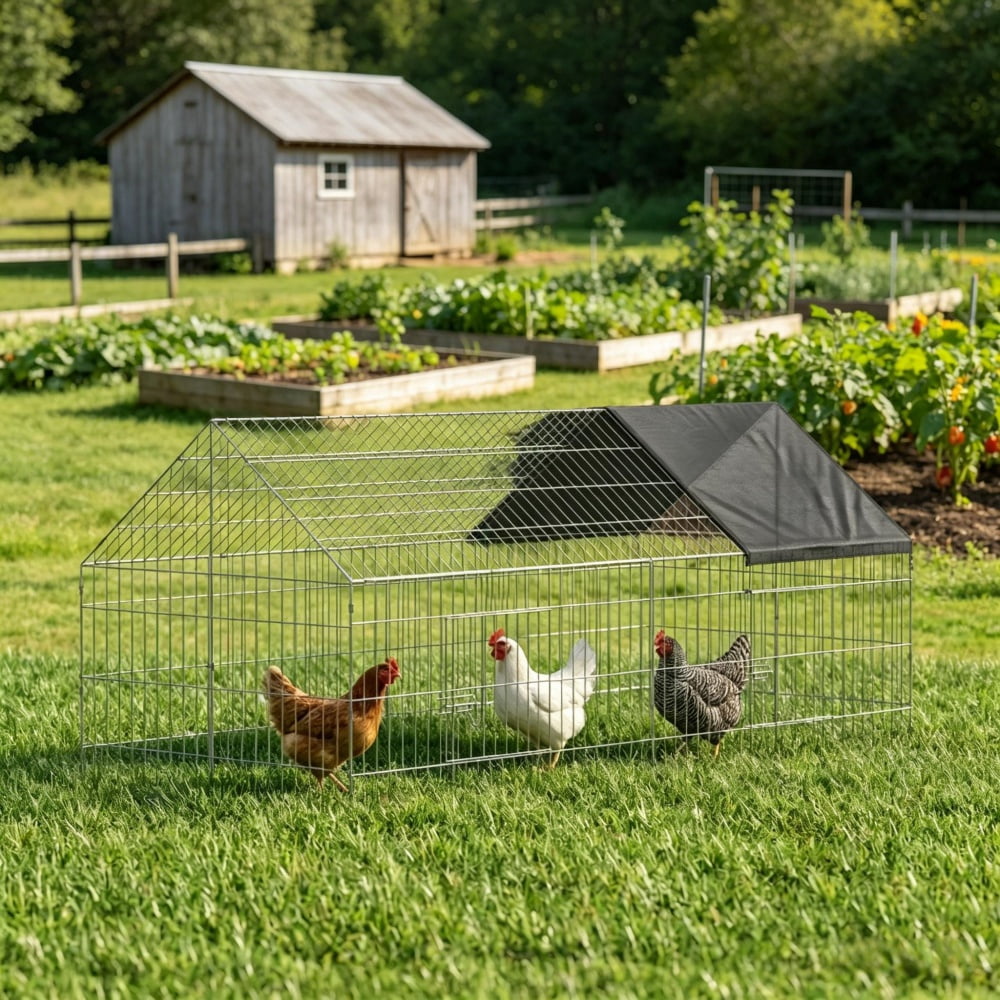 Outdoor Large Metal Chicken Coop Run, Poultry Rabbit Cage with Oxford Shade Canopy, Sturdy Powder Coated Steel Pet House for Chickens Ducks Rabbits Kittens Backyard Farm Use