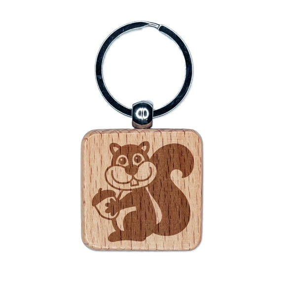 Squirrel Holding Acorn Square Keychain Charm Tag - Engraved Wood