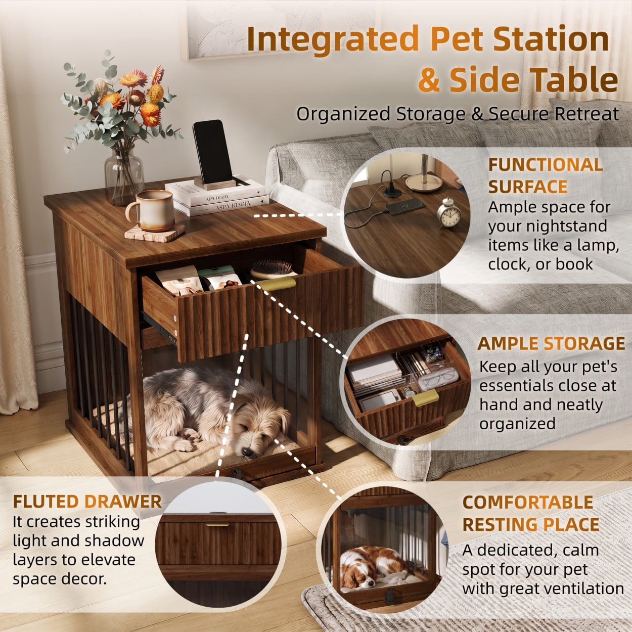 Dog Crate Furniture End Table with Charging Station, Wooden Kennel with Hideaway Tempered Glass Door, Storage Drawer, Indoor Pet House for Small & Medium Dogs, Antique Brown