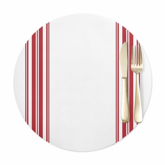 Round Placemats Set of 1, Farmhouse Red Stripes Faux Leather Placemat Waterproof Oil-Proof Wipeable Table Mats 12in, White Washable Place Mats for Kitchen Dining Table Party Outdoor