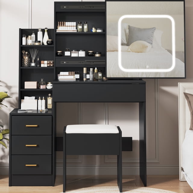 Gaderth Vanity Desk With Sliding LED Mirror And Power Outlet, Makeup Dressing Table With 4 Drawers, Storage Shelves And Stool, 3 Color Lighting Modes, Bedroom Vanity Set With USB Ports