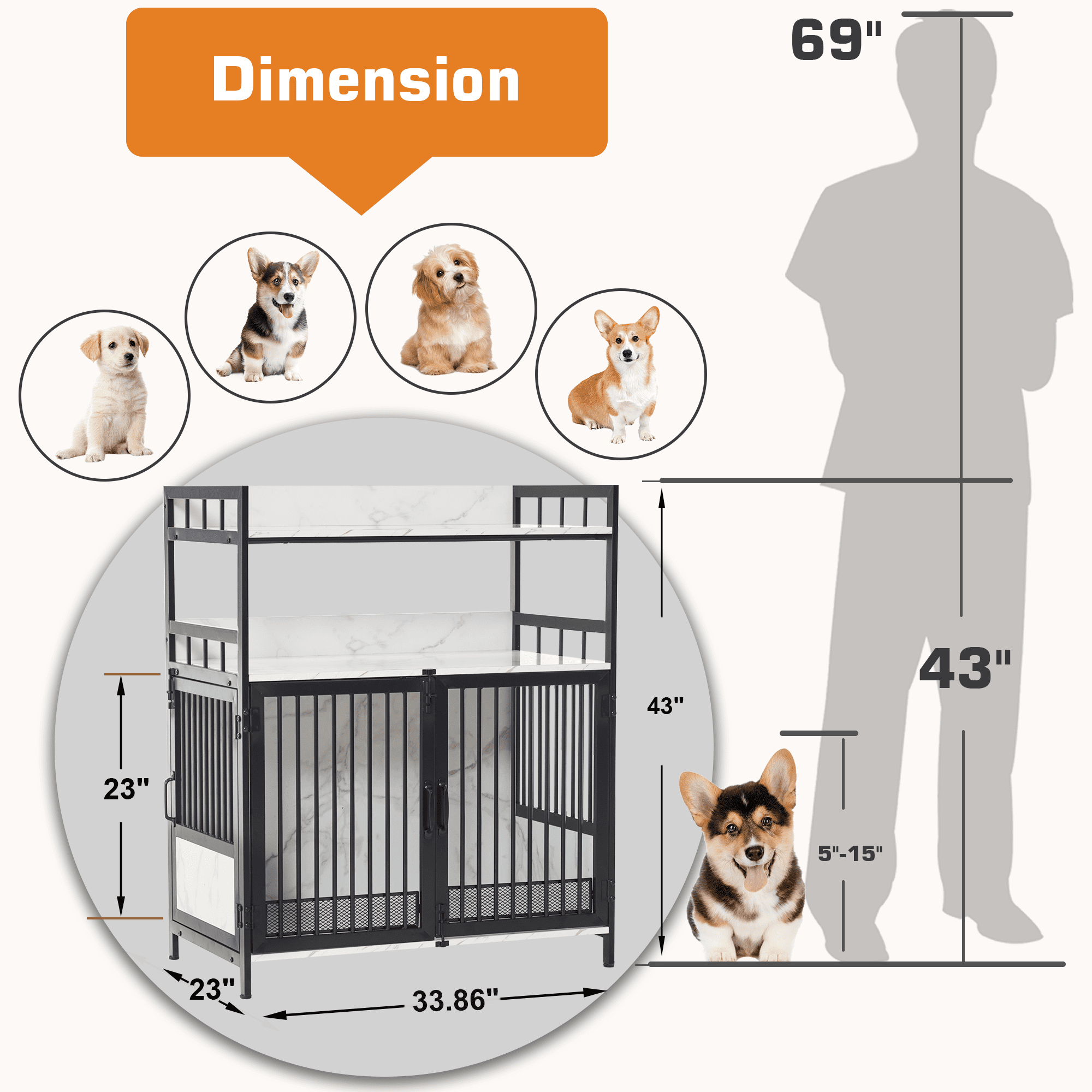 MCombo Furniture Style 3-Door Wooden Pet Kennel & Crate for Dog, 33.86 in
