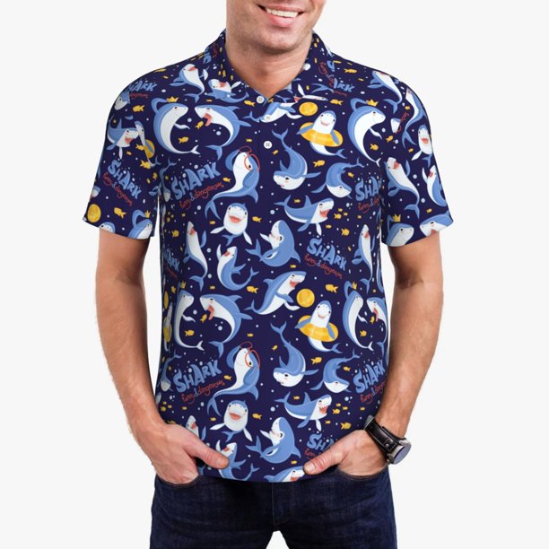 Balery Cute Shark Camisa Polo de Hombre con Estampado, de Manga Corta y Tejido Medio, Camisa Tipo Golf Polo-Medium