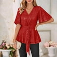 thumbnail image 2 of Kilaqueen Womens Tops Sequin Sparkle V Neck Short Sleeve Tunic Tops Summer Trendy Loose Fit Flowy Dressy Glitter Disco Party Tees, 2 of 7