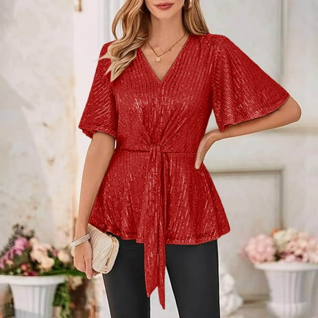 Tejiojio Women's Sequin Top V-Neck Flared Sleeve Front Tie Sparkly Party Blouse
