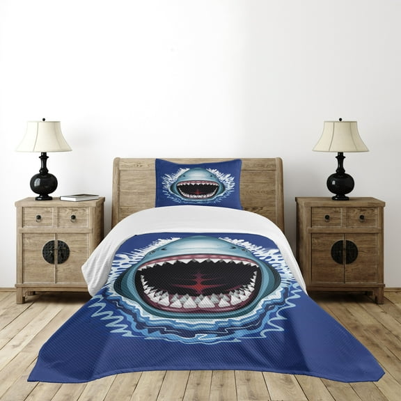 Ambesonne Shark Quilted Bedspread Set 2 Pcs, Attack Open Mouth Bite, Twin Size, Navy Blue Grey Fuchsia