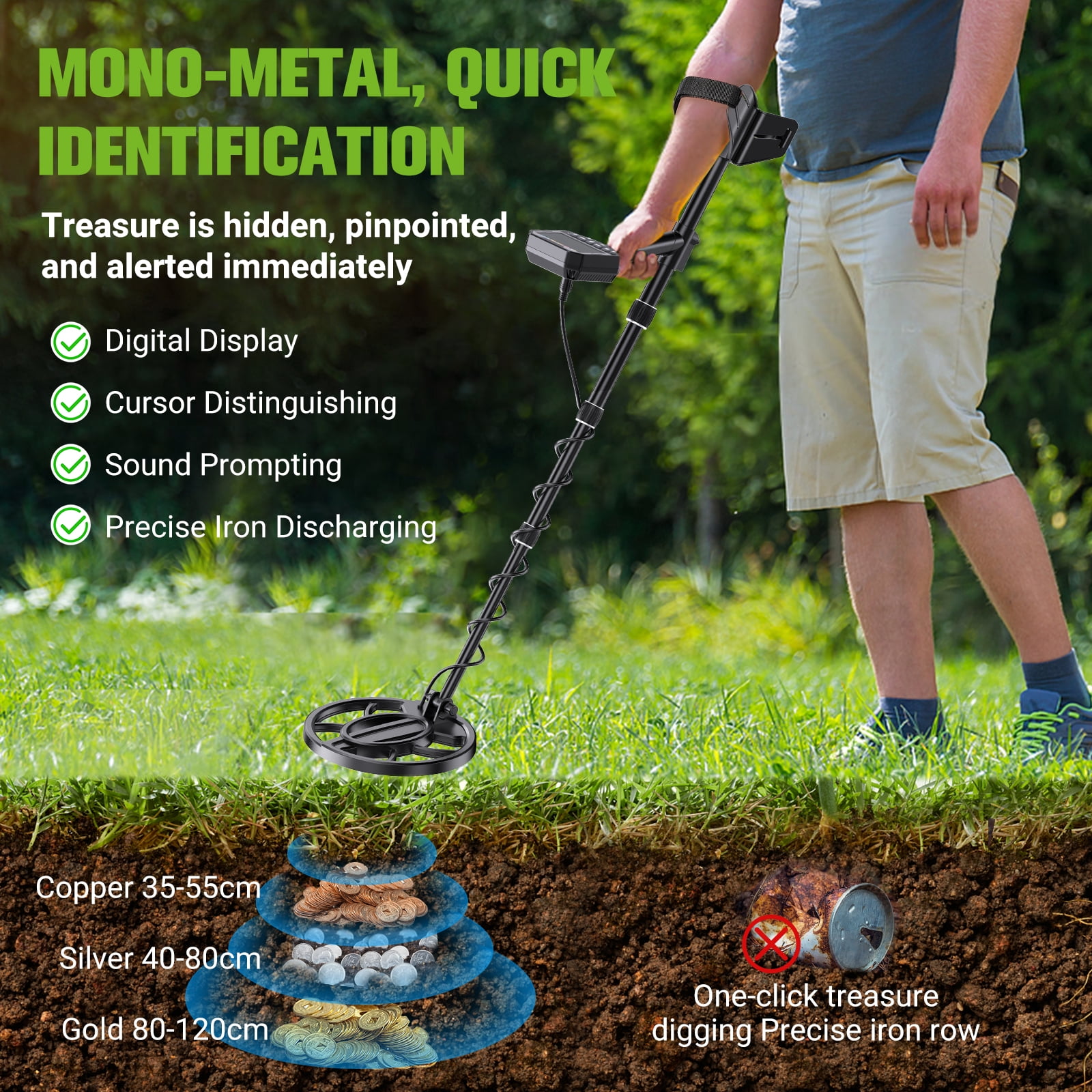 OneAmg Professional metal detector, suitable for adults and children, high-precision gold and silver detector, with LCD display, 5 modes, advanced DSP chip, 10-inch coil