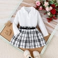 thumbnail image 4 of GYRATEDREAM Toddler Baby Girls Skirt 3Pcs Set Little Kids Lapel Long Sleeve Pit Strip Ribbed T Shirt Top Plaid Pleated Mini Skirt with Belt Outfits Fall Winter Clothes for 12 Months-5 Years White, 4 of 8