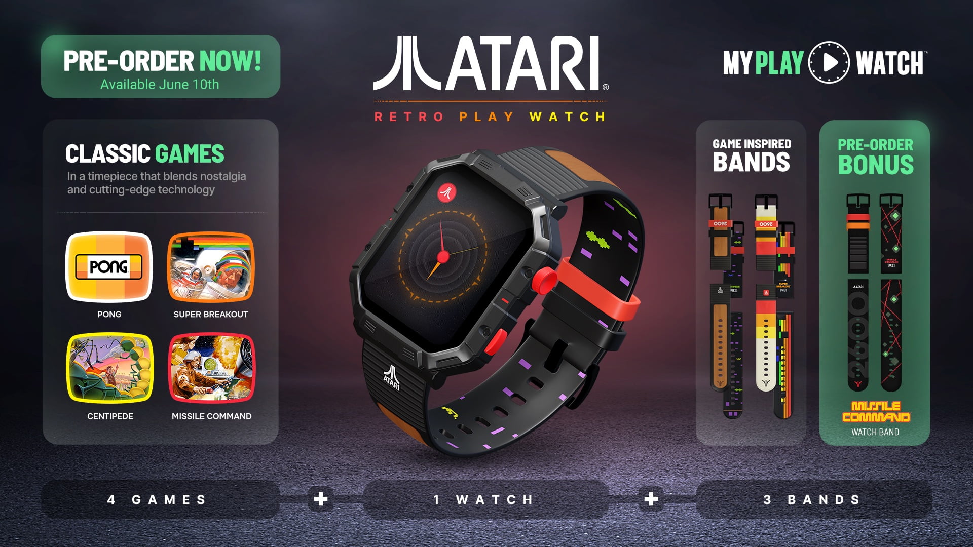 Atari 2600™ My Play Watch – Retro Gaming Smartwatch with Selective Tech, Non-Connected, Built-in Centipede™, Pong™, Missile Command™, Super Breakout™, Fitness Tracker