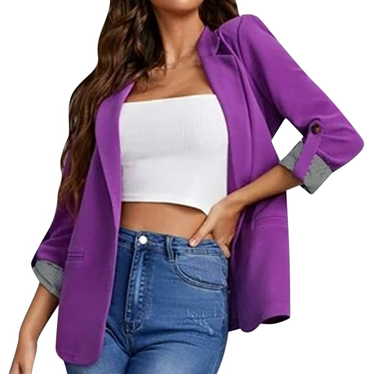 Blazers for Women Business Casual Solid Color Long Sleeve Formal Blazer  Fashion Loose Lightweight Work Women Blazer(Purple,M)
