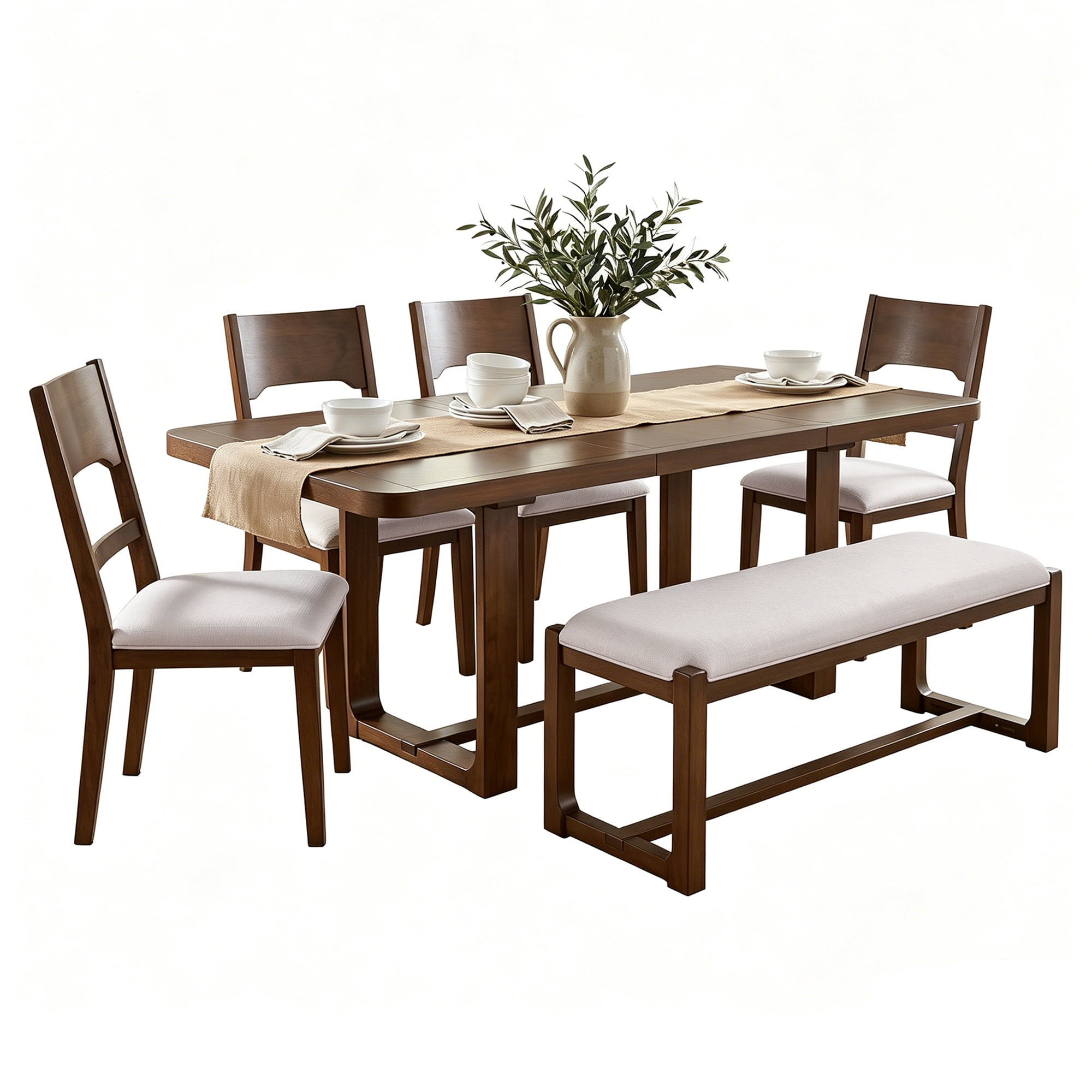 Mintazer 6-Piece Extendable Dining Table Set with 4 Upholstered Chairs & Bench, Rectangular Expandable Kitchen Table with Anti-Scratch Foot Pads, Walnut Brown