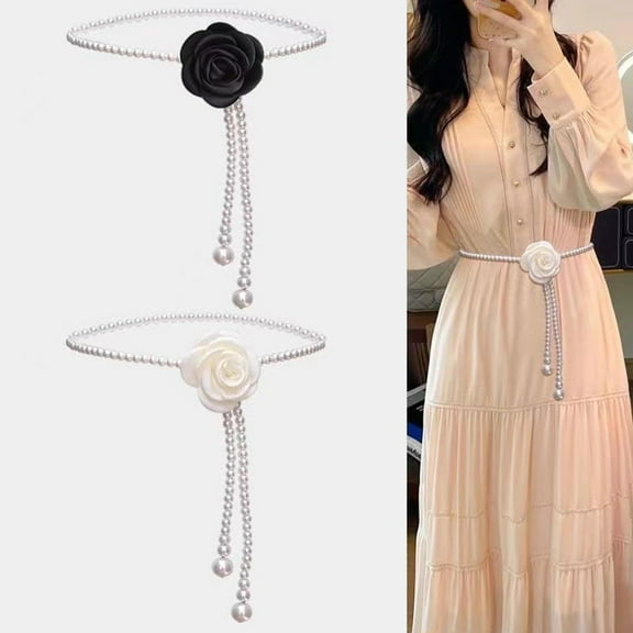 sunsanly Women Waist Chain Camellia Decor Faux Pearl Single Layer Adjustable Size Waist Belt Various Outfit Accessories