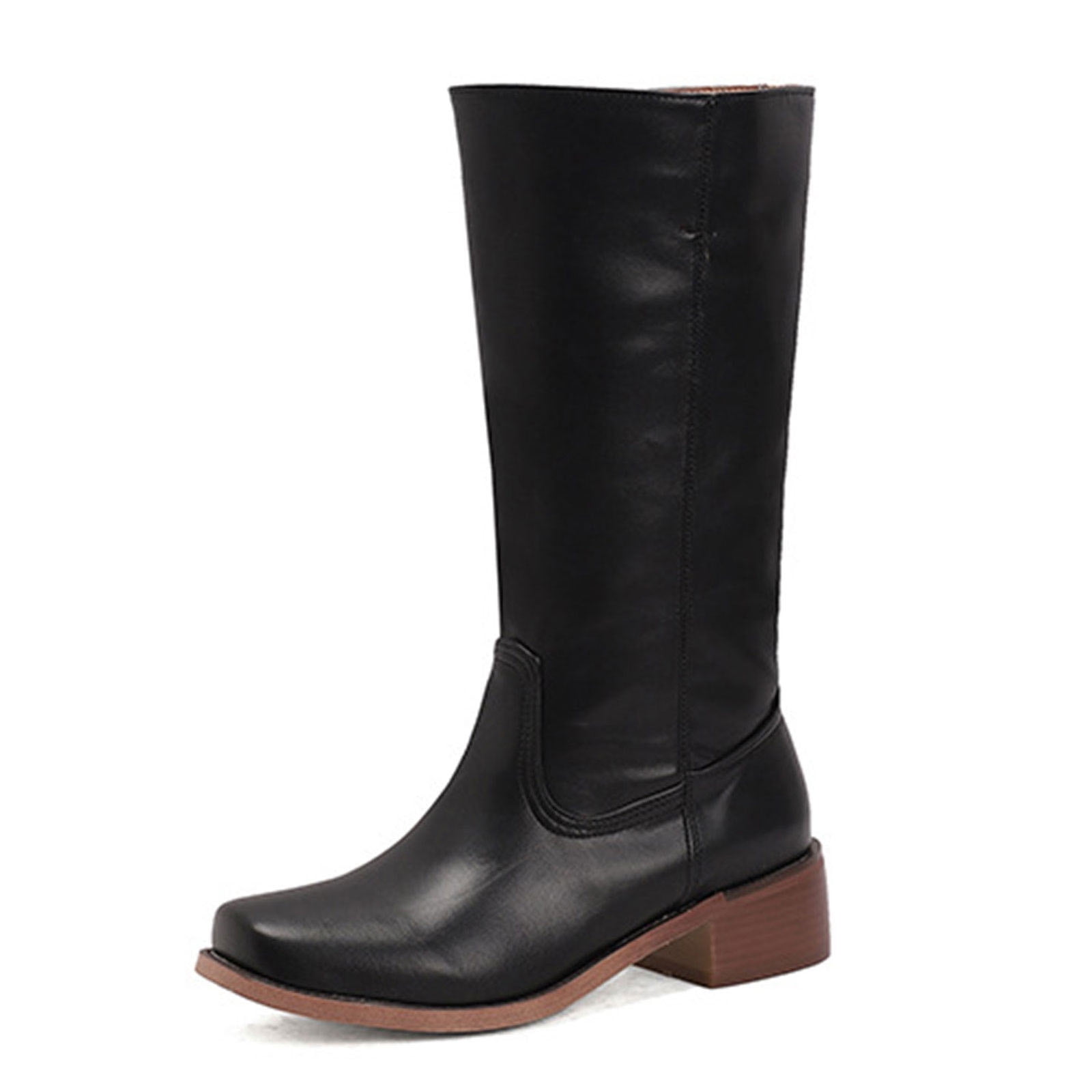 Bottes de Cowboy Mi-Mollet pour Femmes Vintage Marron Couleur Unie Bottes Western Cowgirl pour Moto Travail