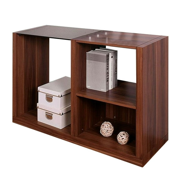 Bere 47 Inch Sofa Table with Black Glass Top, Open Shelves, Brown Wood