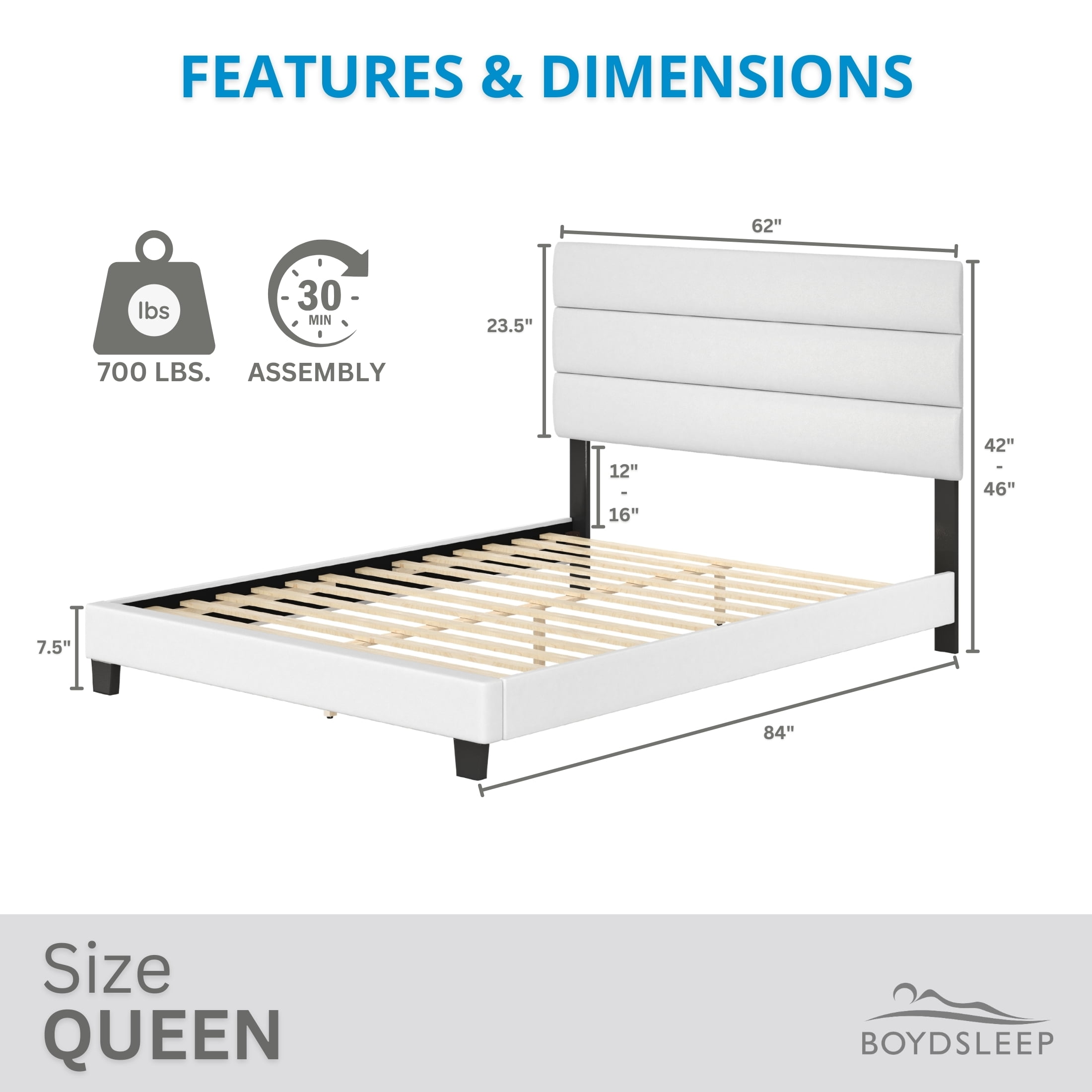 Boyd Sleep Piedmont White Faux Leather Queen Size Fully Upholstered Platform Bed Frame with Adjustable Headboard
